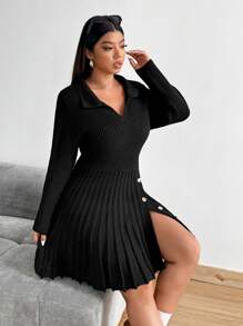 Calvaya Vestido de suéter de punto con cuello alto, manga larga, fruncido y apertura lateral para mujer de talla grande, ideal para otoño e invierno - Negro - Ver 4