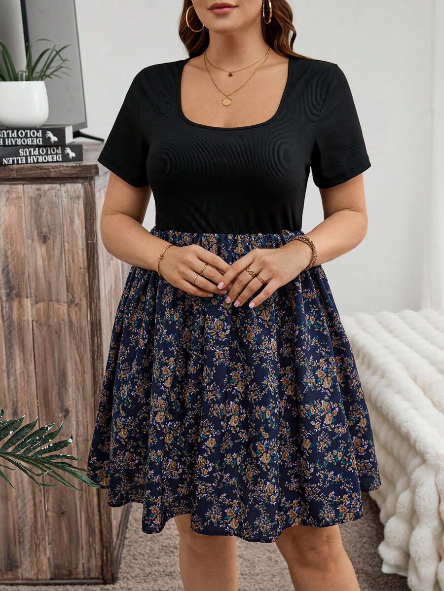 SHEIN LUNE 大码方领花卉印花优雅短袖连衣裙节日派对连衣裙女士派对连衣裙 - 藏蓝色 - 查看 1