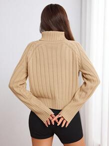 Flirla Women Fall Solid Color Turtleneck Raglan Sleeve Casual Loose Knitted Sweater, Autumn/Winter - Khaki - View 2