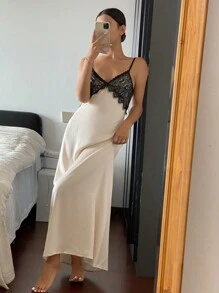 DAZY 蕾丝拼布缎面吊带背心露背睡袍睡衣