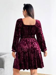 Celure Plus Size Fall Square Neck Velvet Print Long Sleeve A-Line Dress Burgundy Color Women Outfit - Burgundy - View 2