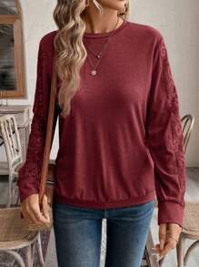 EMERY ROSE 女式纯色圆领长袖简约卫衣，休闲日常穿着，秋冬季长袖上衣 - 酒紅色 - 查看 7
