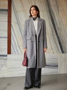 SHEIN Privé Oversized Faux Wool Mid-Length Multi-Button Coat Fall Cloth For Women - Dark Grey - View 7
