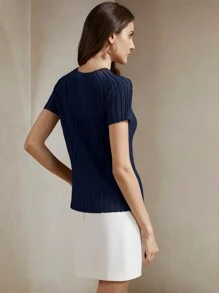 Anewsta 1pc Women's Blue Elegant Short Sleeve Rhinestone Shimmer Sheer Knit Top/T-Shirt