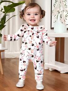 Baby Girl Cute Ballet Dancer Print Long Sleeve Jumpsuit, Spring & Autumn - Multicolor - View 1