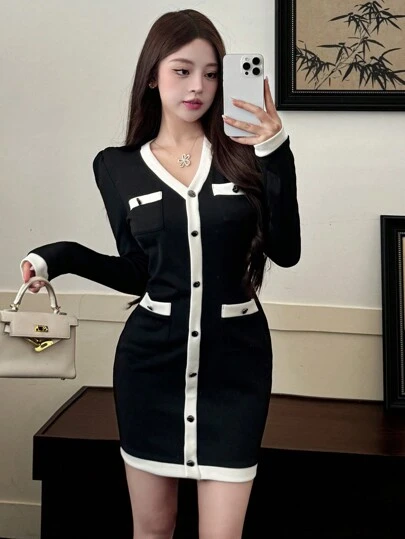 DAZY 女士秋季优雅短款拼色纽扣前开襟紧身连衣裙、迷你连衣裙、秋季女装长袖连衣裙