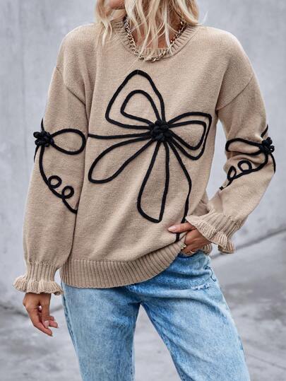 SHEIN LUNE Women Crew Neck Dropped Shoulder Bowknot Decor Frill Trim Pullover Sweater, Knit Pullover Fall Winter