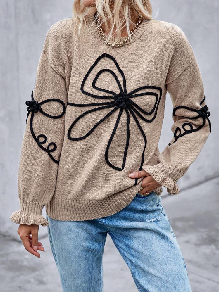 SHEIN LUNE Women Crew Neck Dropped Shoulder Bowknot Decor Frill Trim Pullover Sweater, Knit Pullover Fall Winter - Khaki - View 1