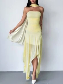 Firerie 女士优雅派对礼服，搭配不规则下摆褶饰网眼围巾系带紧身露肩黄色连衣裙 - 黃色 - 查看 1