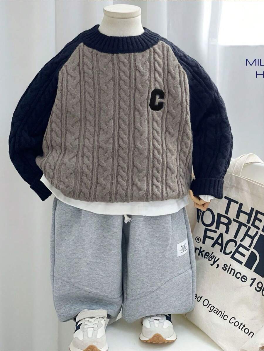 1pc Young Boys Street Style Cozy Soft Simple Contrast Color Raglan Crew Neck Pullover Fits Kids Outfits, Young Boy Clothes, Back To School Boy Set Suitable For Birthday Party, Evening Party, Performance, Wedding, Baptism, Opening Ceremony, Daily Wear, Travel, Sports, Autumn Winter Season - Multicolor - View 1