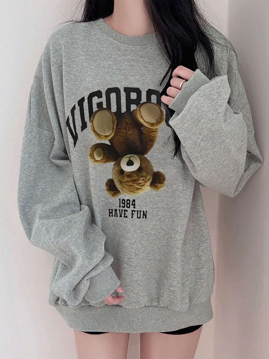 DAZY Women Casual Teddy Bear & Letter Print Drop Shoulder Loose Pullover Sweatshirt, Spring/Autumn,Fall Women Clothes - Grey - View 1