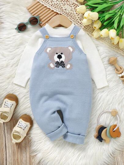 SHEIN Vintaside Kids Mono de bebé niño con diseño jacquard de oso elegante, diseño adorable de pechera, mono informal y cómodo para bebé, suave y amigable con la piel, opción fácil para mamás