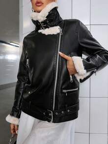 GENKIRA Veste d'hiver coupe-vent et chaude en PU pour femmes - Noir - Voir 7