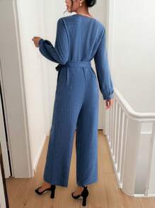 Chiquease Crew Neck Cinched Waist Long Sleeve Jumpsuit - Blue - View 2