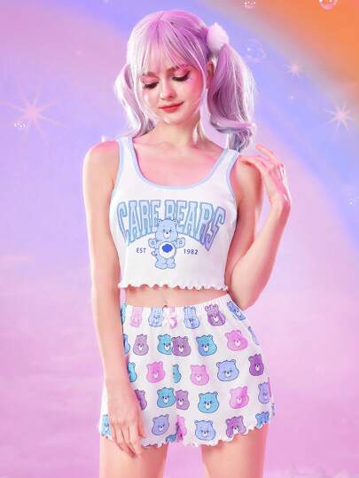 ROMWE X Care Bears Women's Cute Cartoon Bear Print Lettuce Trim Crop Tank Top & Shorts Pajama Set