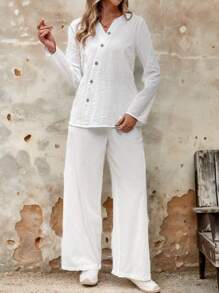 Rusticease 2 pièces Ensemble Top à manches longues et pantalon large décontracté ample, couleur unie, style automnal pour femmes - Blanc - Voir 5