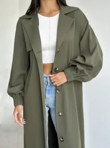 SHEIN Privé 休闲时尚街头宽松灯笼袖纽扣装饰中长款风衣 军绿色 秋冬 - 軍綠色 - 查看 8