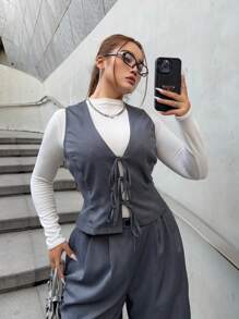 Calvaya 2pcs Office Outfit Grey Suit Vest With Tie And Matching Pants, Casual Commute Wear For Autumn - Grey - View 3