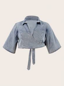 Nzou Jena Designer Plus Size Women Short Sleeve Back-Tie Cowgirl Denim Top, For Holiday, Vacation, Spring & Summer, Going Out, Festival, Ibiza Fits - Blue - View 1