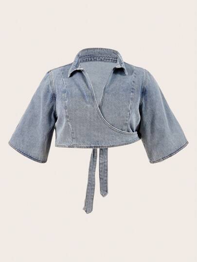 Nzou Jena Designer Plus Size Women Short Sleeve Back-Tie Cowgirl Denim Top, For Holiday, Vacation, Spring & Summer, Going Out, Festival, Ibiza Fits