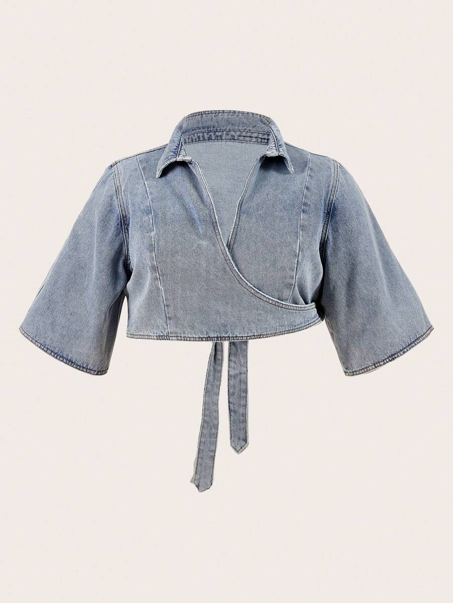 Nzou Jena Designer Plus Size Women Short Sleeve Back-Tie Cowgirl Denim Top, For Holiday, Vacation, Spring & Summer, Going Out, Festival, Ibiza Fits - Blue - View 1