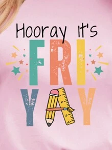 Flirla Áo thun cổ tròn tay ngắn in chữ cỡ lớn, phong cách tối giản, mặc thường ngày - Hồng - Xem 3