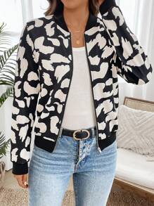 EMERY ROSE Women Casual Leopard Print Baseball Collar Jacket, Autumn - Black and White - View 5