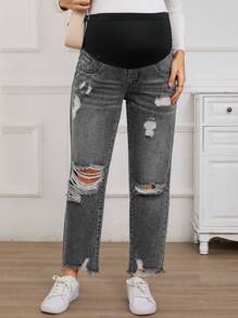 SHEIN Maternity Casual Ripped Washed Denim Jeans, Suitable For Spring And Autumn - Dark Grey - View 1