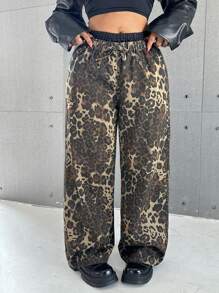 SHEIN ICON Plus Size Casual Loose Leopard Pattern 2 In 1 Wide Leg Jeans - Multicolor - View 1