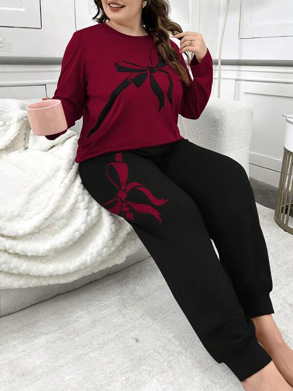 2pcs Bow Decor Print Contrast Color Lounge Set Include Long Sleeve Top And Pants, Plus Size Sleepwear, Outfits  Cozy And Elegant Details, Fall Clothes