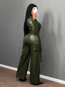 Slaydiva Bộ đồ Lễ Tạ Ơn mới dành cho nữ, quần áo mùa đông gợi cảm, tay dài, có khóa kéo và túi, áo liền quần bằng da. - màu xanh lá - Xem 2