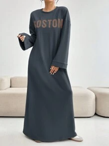 Mulvari 女式字母印花圆领休闲长袖阿拉伯朴素连衣裙 - 深灰色 - 查看 4