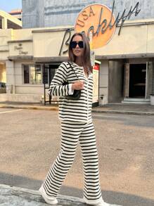 Chiquease 2 件套女士条纹圆领针织开衫和裤子套装 - 黑與白 - 查看 6