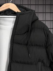 RueChic Men Zip Up Drawstring Hooded Puffer Coat - Black - View 8