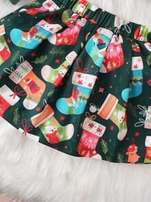 圣诞树和长袜印花女童幼儿长袖针织纹理格子西装外套 + 迷你裙 2 件套，优雅休闲，适合春秋季节 - 綠色 - 查看 6