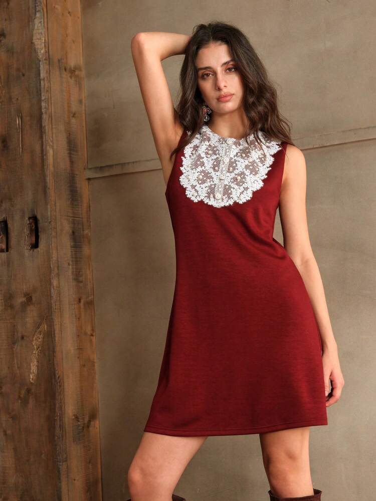 Lace Patchwork Beaded Waist Ruffle Trim Elegant Christmas Mini Dress