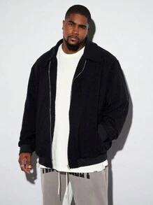 Manfinity VCAY Plus Size Men's Loose Fit Fuzzy Jacket, Lightweight Jacket Street Wear Long Sleeve Lightweight Jacket, For Friends, Husband, Boyfriend Gifts, For Fall Winter - Black - View 4