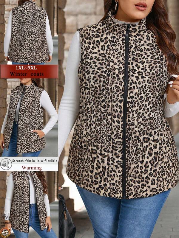 EMERY ROSE Plus Size Fall Casual Warm Leopard Print Zip-Up Stand Collar Padded Vest,Winter Women Clothes