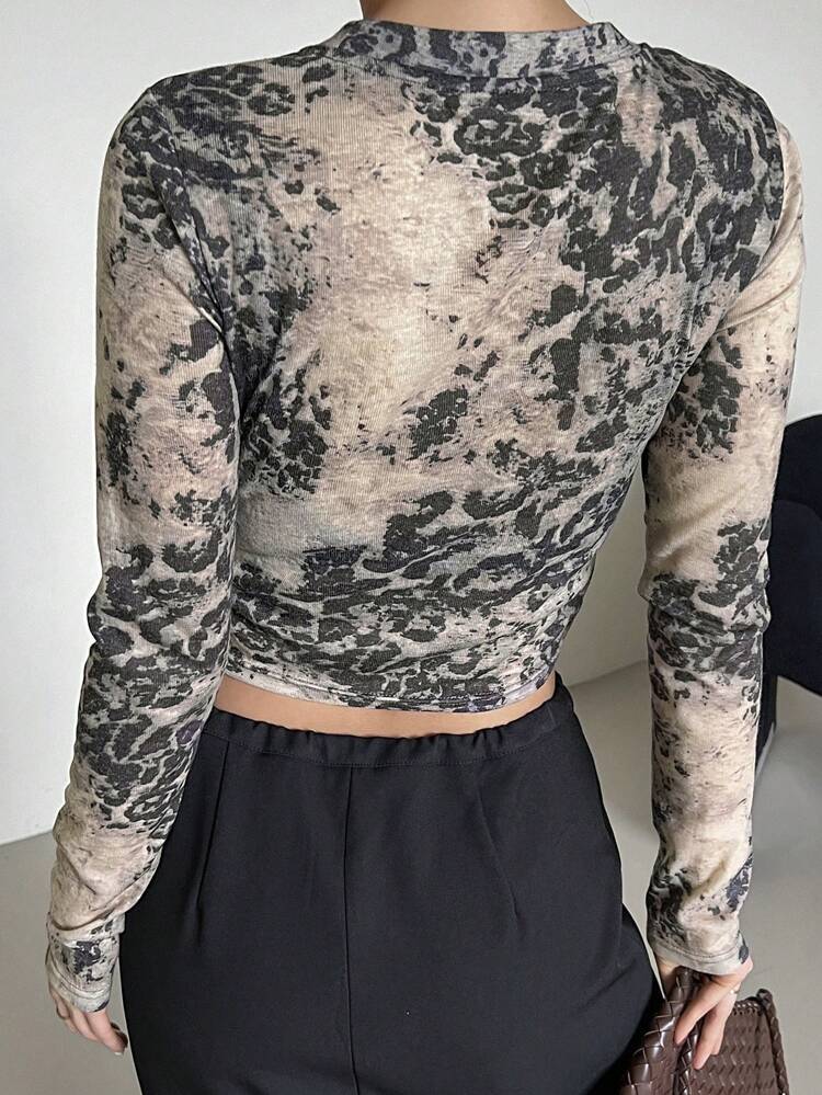 Allover Floral Print Fitted Short Round Neck Long Sleeve Women T-Shirt Sheer,Fall Clothes