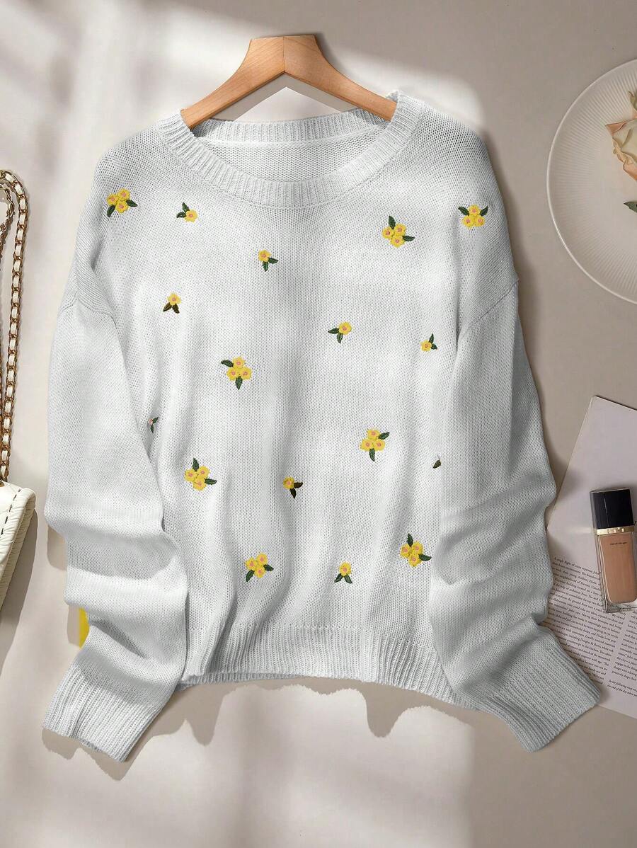 Chiquease 花卉刺绣圆领长袖休闲套头衫