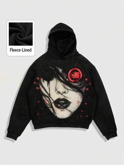 Street Life Sudadera con capucha de ajuste holgado con estampado de retrato para hombre, otoño