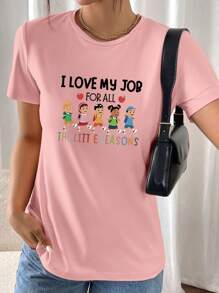 INAWLY Women "I Love My Job For All The Reasons" Graphic Print Casual Short Sleeve Round Neck T-Shirt, Suitable For Teachers Day Graphic Tees Women Tops