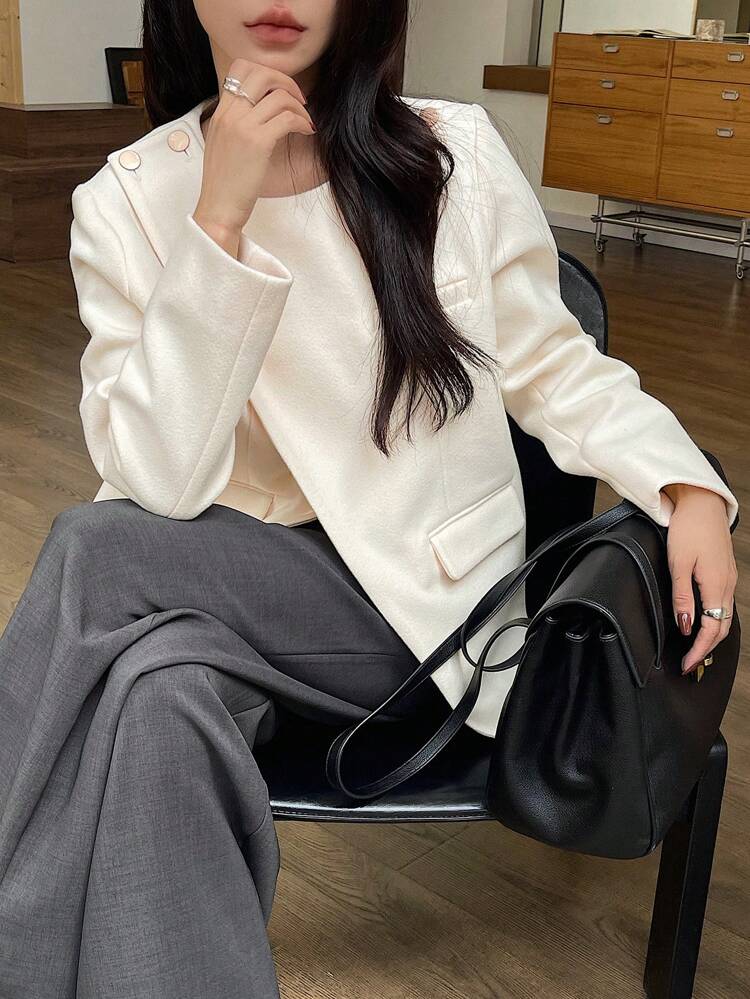 Women Solid Color Round Neck Asymmetric Hem Elegant Long Sleeve Jacket,Fall Women Clothes