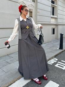Flirla Plus Size 2pcs Set: Sleeveless Single-Breasted Vest + High Waist Pleated Maxi Skirt, Stylish Lady Set, New Arrival - Grey - View 5