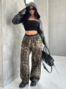 SHEIN ICON Plus Size Casual Loose Leopard Pattern 2 In 1 Wide Leg Jeans - Multicolor - View 5