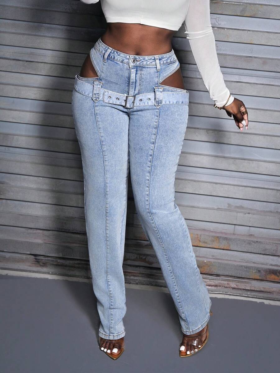 SHEIN Slayr Women's Spring/Autumn Fashionable Casual Straight Leg Regular Waist Jeans - Blue - View 1