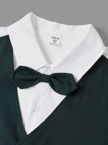 2pcs Tween Boys Casual School Style Contrast Color Collar Cardigan Vest 2 In 1 Shirt With Necktie And Straight Leg Pants Suit, Suitable For School, Garden, Beach, Birthday, Spring/Summer/Autumn/Winter Seasons - Multicolor - View 10