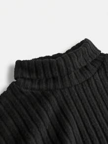 SHEIN Girlism 少女黑色罗纹针织高领宽松腰部修身褶皱紧身中长连衣裙，休闲街头优雅复古百搭衬里长袖裙子 - 黑色 - 查看 5