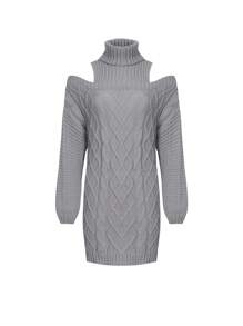 Vestido suéter de cuello alto con hombros abiertos de unicolor informal para adolescentes, otoño/invierno