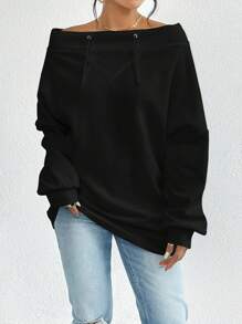 SHEIN Privé Off Shoulder tay cánh Dây rút Áo nỉ - màu đen - Xem 5